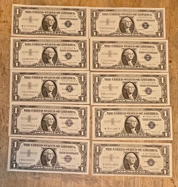 1957 B US Silver Certificate One Dollar Notes Lot of 10 Crisp Uncirculated
