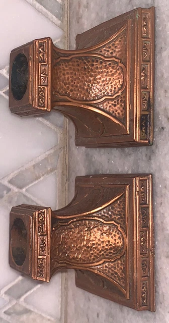 Vtg Art Deco Craftsman Metal PR 2 Copper Brass Candle Holders 2.5”T 2.5”Sq Base