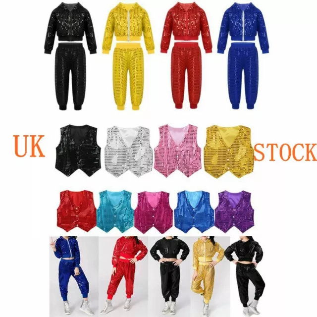 UK Kids Boys Girls Sequins Dance Outfits Modern Hip Hop Street Dancewear Costume