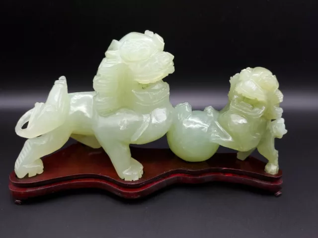 Vintage Estate Rare Green Jade Foo Dog & Lion W/Ball Heavy Animal Pair On Stand!