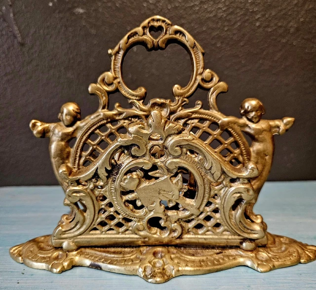 Vtg Ornate Gold Cast Iron Art Nouveau Victorian Cherub Mail Letter  Holder