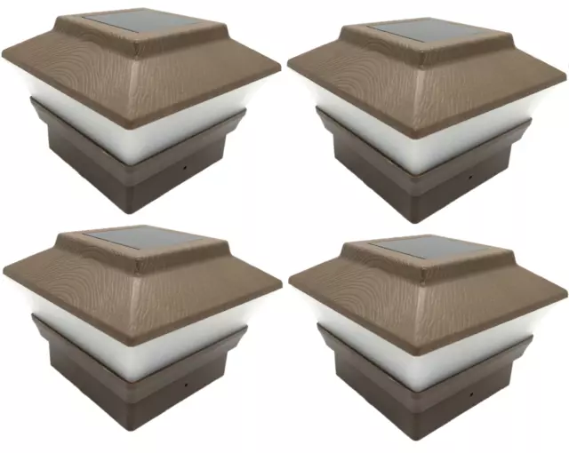 4-Pack Brown Wood Grain Texture 4X4 Solar LED Post Deck Cap Square Fence Light