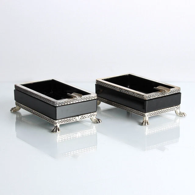 Francés Vidrio Opalino Cenicero Par Negro Plata Metal Element Patrón