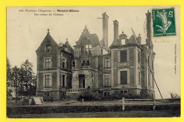 cpa Ecrite en 1912 Env. d'ARGENTAN MESNIL GLAISE (Orne) Les RUINES du CHÂTEAU