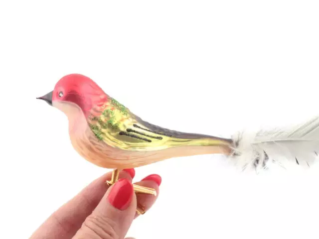 Czech blown glass clip on bird Christmas feather tree ornament red gold