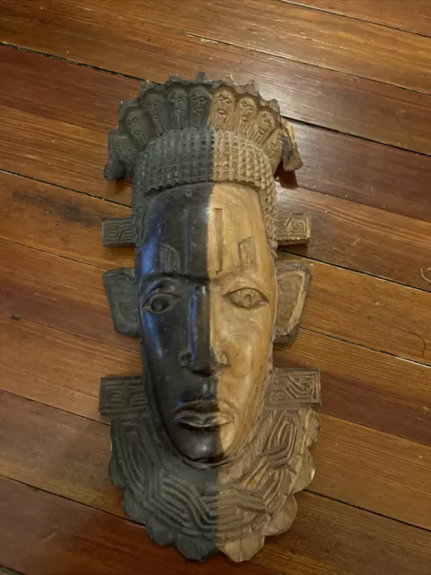 Handcarved African Wooden Tribal Mask Wall Hanging Two Tone