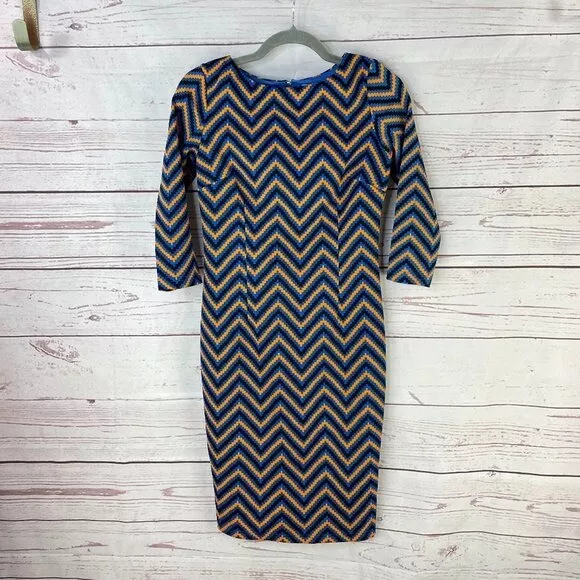 Young Threads NYC Women's Blue Chevron Print Round Neck Sheath Dress Size Small