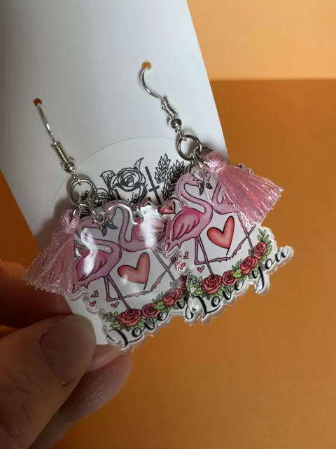 Acrylic Flamingo Heart Love Earrings, Fun Novelty Theme Cute Costume Jewellery