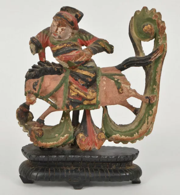 Antique Chinese Carved Wood Polychrome Man On Horse Sculpture Bin