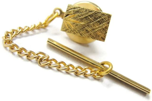 14K Yellow Gold Overlay Tie Tack Pin w Chain Rectangle Brushed Face Wheat Design