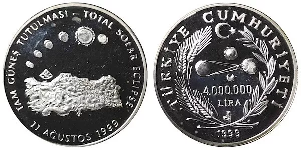 TURKEY 1999,4,000,000 Lira, Total Solar Eclipse 1, KM #1090, Silver Coin