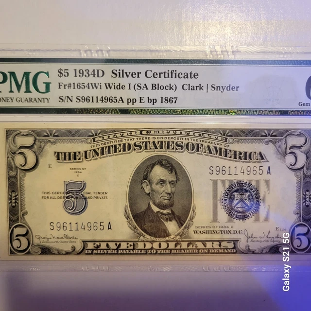 1934 D $5 Silver Certificate PMG 66 Gem Fr#1654Wi Uncirculated Rare 2