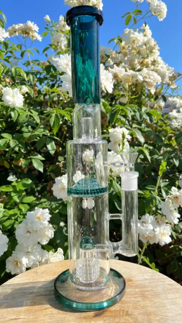 16" Teal Thick Glass Matrix Bong W/ Percolator Hand Made W/ Free Glass Bowl Pipe