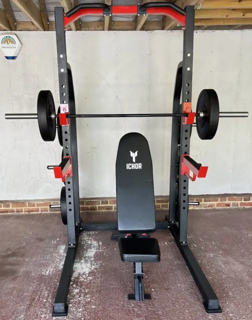 Adjustable Bench, Squat Rack, Olympic Bar, & Plates