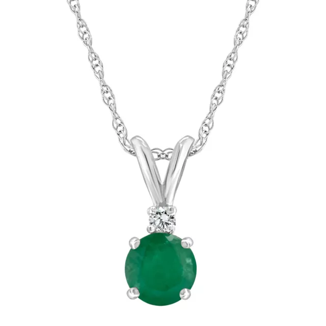 14K White Gold 5mm Round Genuine Natural Emerald Diamond Accent Pendant Necklace 2