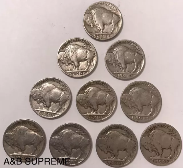 Count of Ten Circulated Buffalo Nickels 1913 to 1938 Fine 3