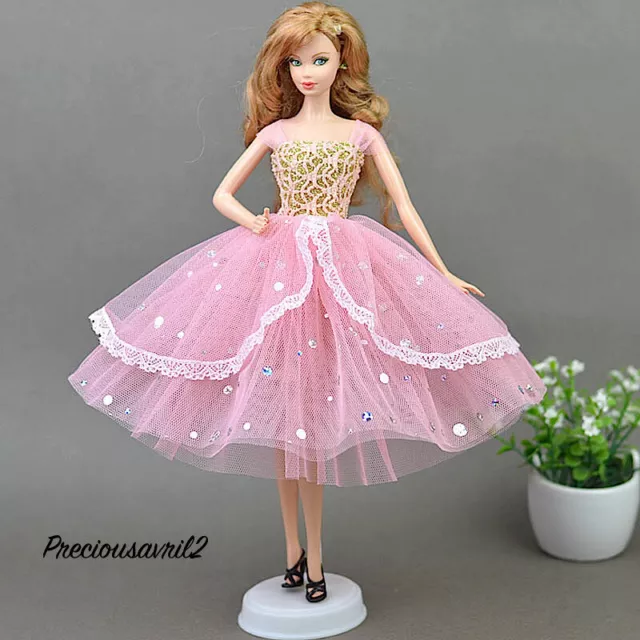 Barbie doll clothes outfit princess wedding gown pink/gold cocktail dress 3