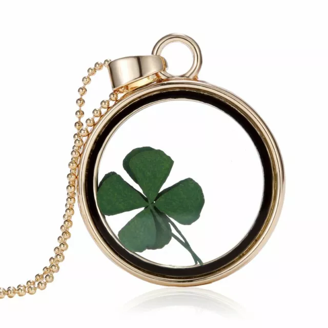 Lucky Clover Glass Locket Pendant Necklace Dried Real Flower Long Sweater Chain