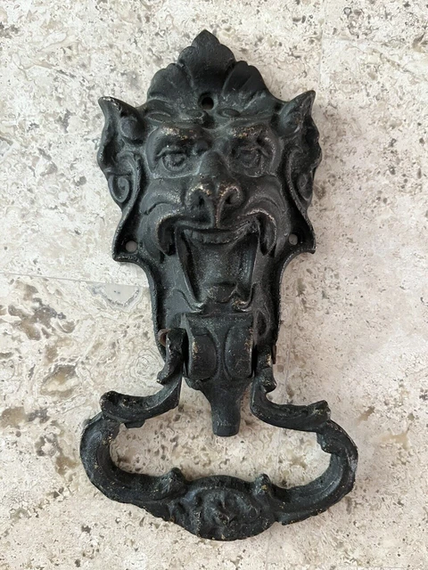 ANTIQUE c.1903 DEVIL DEMON GARGOYLE FACE ARCHITECTURAL SALVAGE DOORKNOCKER