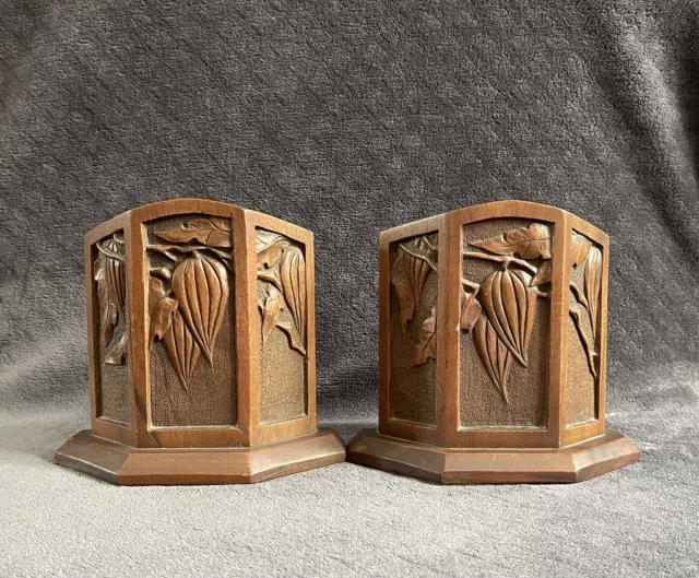 Antique Arts & Crafts Solid Oak? Carved Relief Wooden Bookends SIGNED