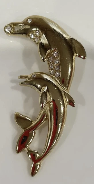 Vintage gold tone jumping dolphins mother & baby brooch pin clear rhinestones