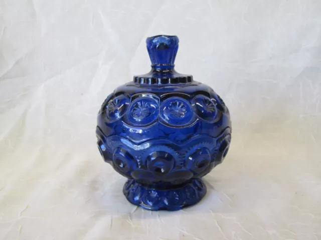 Moon and Stars Pattern Glass LE Smith COBALT BLUE Vintage Covered Candy Jar Dish