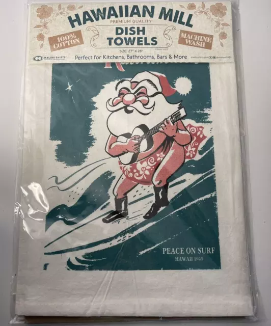 NIP Retro Santa Surfing 100% Cotton Dish Towel Peace on Surf HI 1949 Christmas