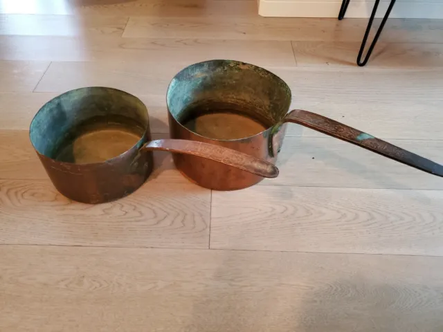 Pair LARGE Heavy Antique Primitive Dovetail Copper Pots Hand-Forged Handles