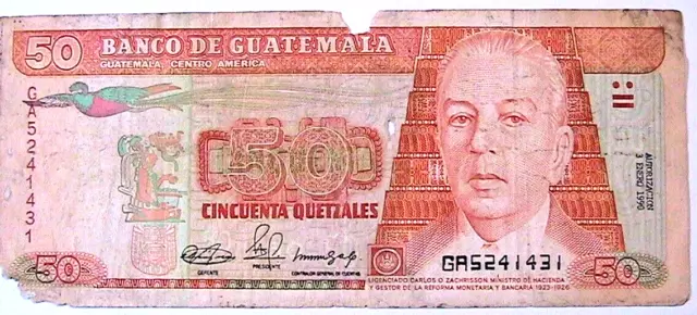 1990 Guatemala 50 Quetzales net VG Central America Banknote Paper Money Currency