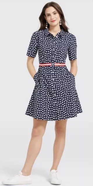 Draper James Blue Navy White Hearts Red Belt Mini Dress Size 8 UK