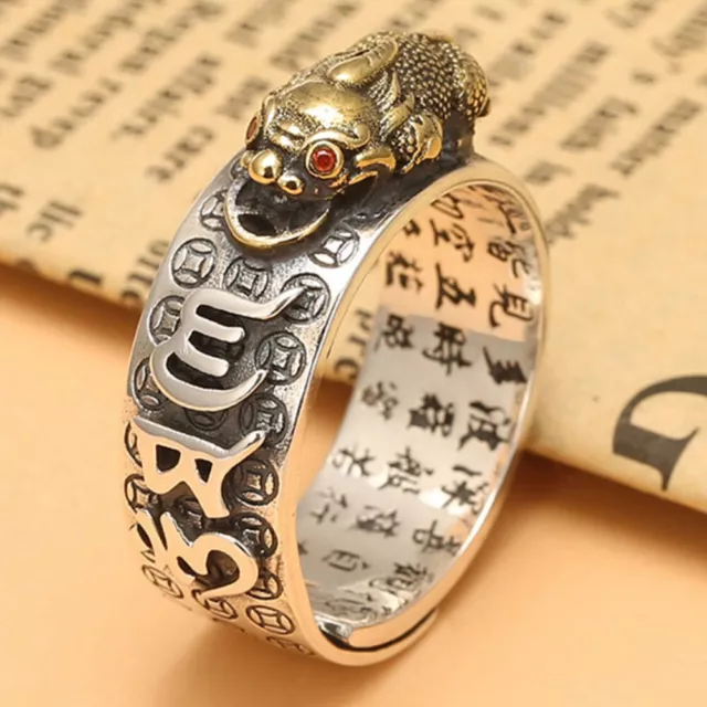 Real S925 Sterling Silver Ring Man Lucky Six-word Motto Pixiu Ring Adjustable