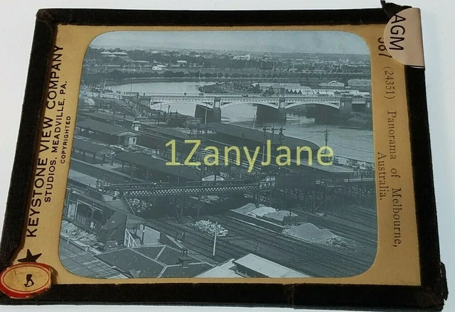 Glass Magic Lantern Slide  AGM MELBOURNE AUSTRALIA PANARAMA TRAIN STATION RIVER