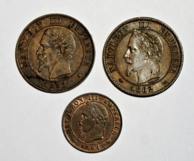 France, Monnaies Napoléon III 2 Centimes 1856 K 1862 K et 1 Centime 1861 K, SUP