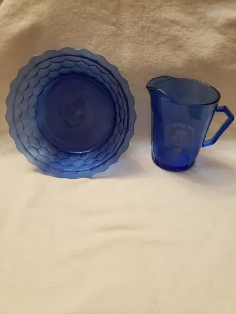 Vintage Shirley Temple Cobalt Blue Glass Hazel Atlas Cereal Bowl & Pitcher Set