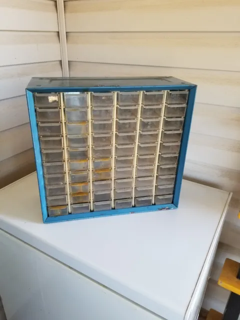 Vintage AKRO-MILS Metal Blue Storage Cabinet with 60 Plastic Drawers - Mills