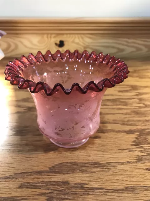 Victorian Style Ruby Cranberry Glass Oil Lamp Shade with Floral Motif  Flower