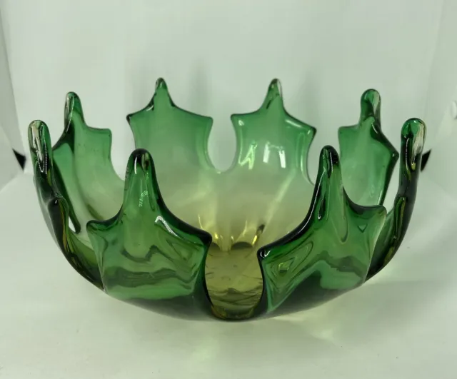 Vintage Murano Style Centrepiece Pinched Edge Green Bowl Dish Glass Art Piece