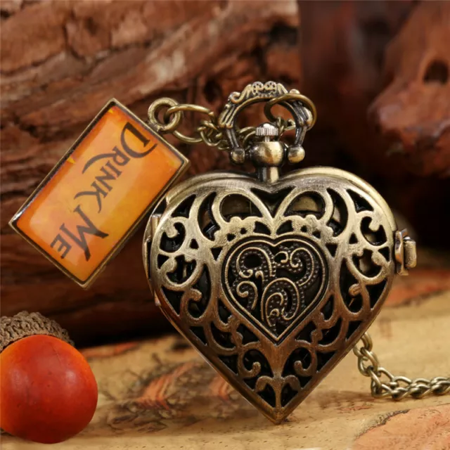 Drink Me Alice Heart Shaped Lovely Hollow Quartz Pocket Watches Necklace Chain