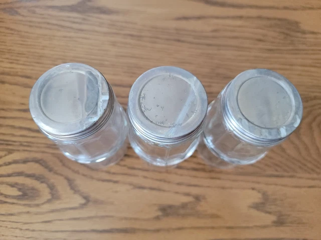 3 Vintage Hoosier Cabinet Clear Ribbed Glass Spice Jars Aluminum Lids 3