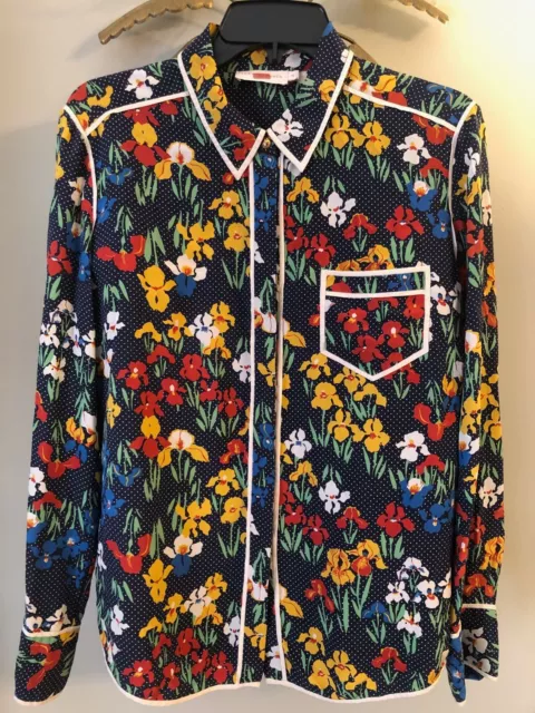 Tory Burch Navy Iris Garden Jackie Top Blouse Size 12 Silk