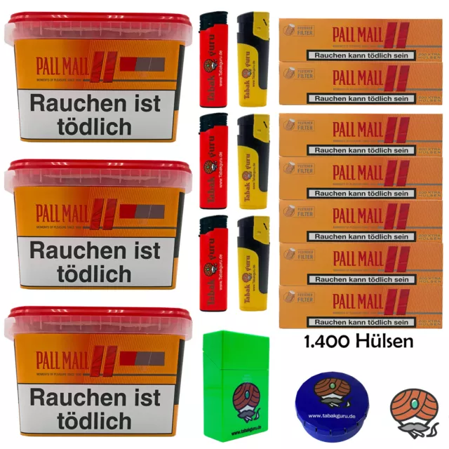 3x Pall Mall Allround Volumentabak Mega Box à 120g, 1400 Xtra Hülsen, Zubehör