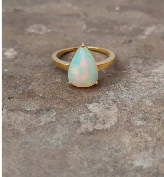 Natürlich Birne Äthiopische Opal Zierliche Gold Ring Oktober Geburtsstein Gift