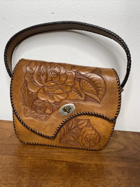 Vintage Leather Hand tooled Mexican Handbag Brown Over Shoulder Strap