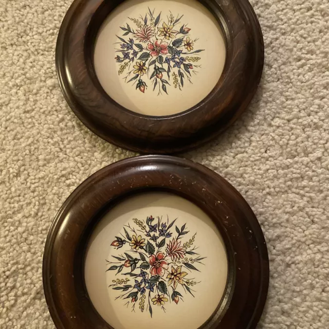 Vtg Pair 1970's Round Wood Framed Metal Floral Wall Plaques Sears Roebuck USA