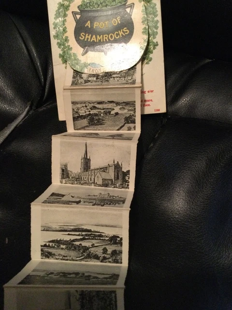 Irish Novelty Postcard WARM WISHES ENNISKILLEN N Ireland Pot Shamrocks 12 Views 3