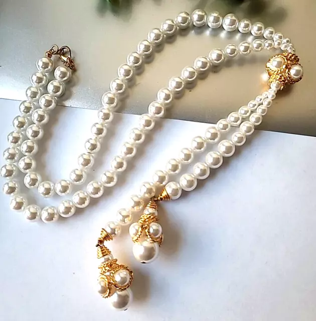 Vintage Estate Faux Pearls Gold Tone Accents Lariat Necklace 24"L