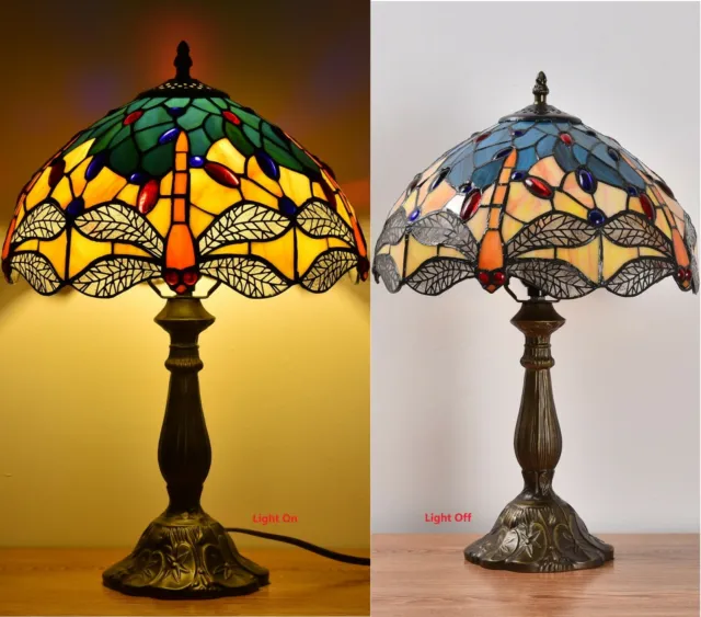 Dia 12" Dragonfly Handmade Stained Glass Tiffany Table Lamp Desk Light  H 18"