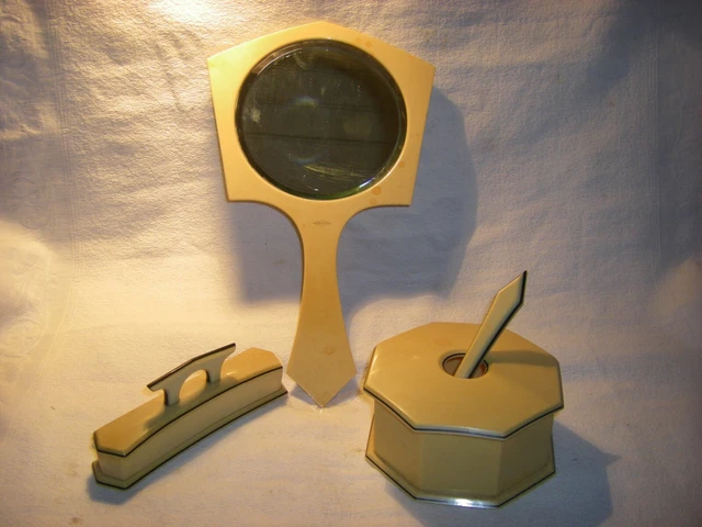 ancien lot 3 articles de vanite,manucure;miroir,tampon,boite,tusculor art deco