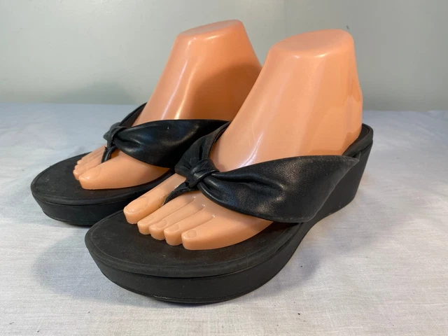 Vionic Arabella Flip Flop Sandals Women's Black Leather Wedge Slip On- US 9