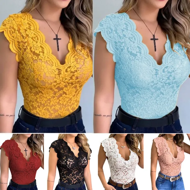 Women Floral Lace Shirt Short Sleeve V-neck Tops Mesh Hollow Sheer Vest Blouse